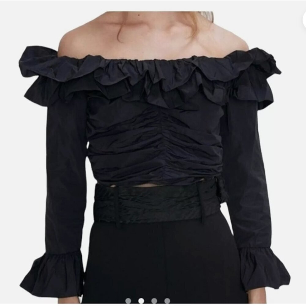 Zara Bardot Black off the shoulders Ruffled Ruched Crop Top Size L NEW WITH TAG